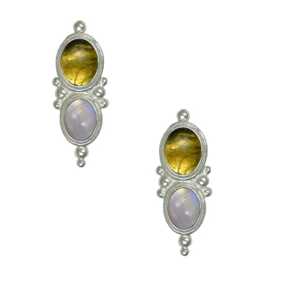 Sterling Silver Drop Dangle Earrings With Citrine And Rainbow Moonstone